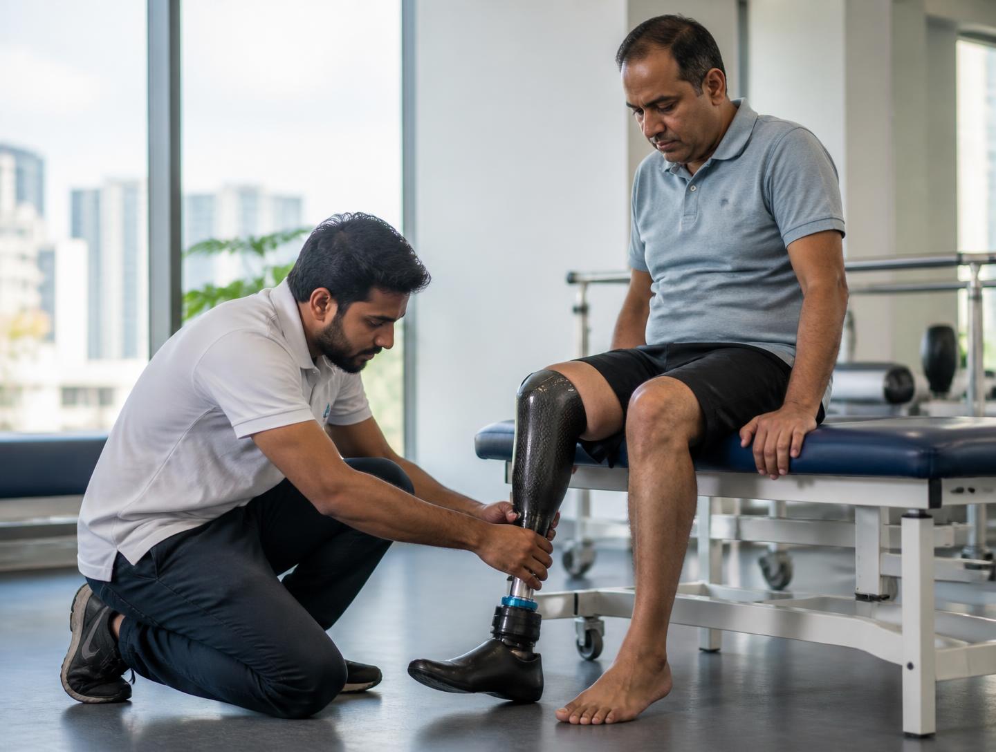 Prosthetist at Mahavir Enterprises fitting a custom limb for a patient in Pune