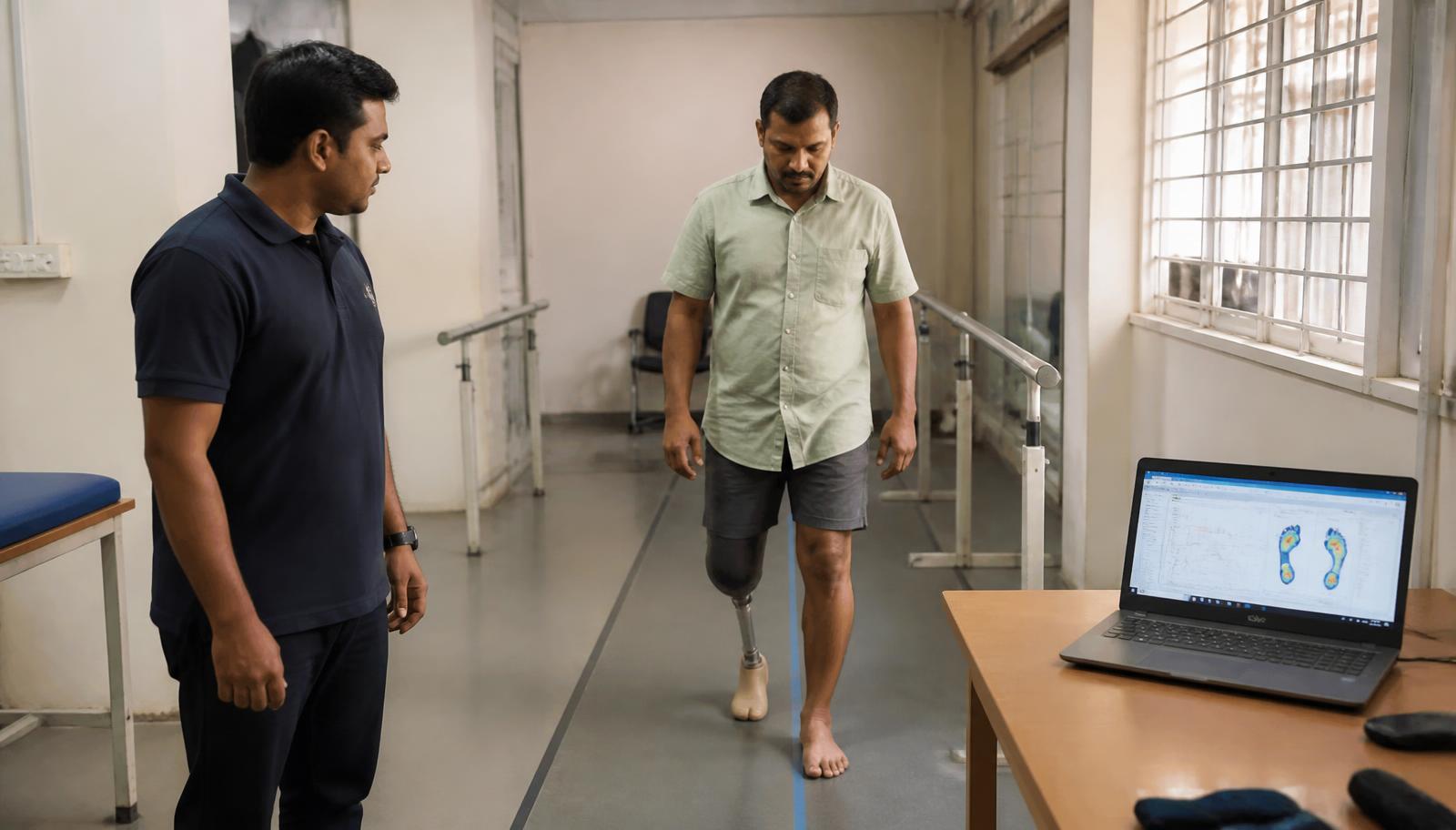 Prosthetist observing a patient walk during a gait assessment at a rehabilitation clinic in Pune